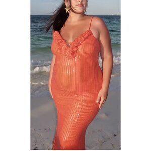 ANTHROPOLOGIE  If By Sea Sequin Slip Midi Dress in Orange Size Large